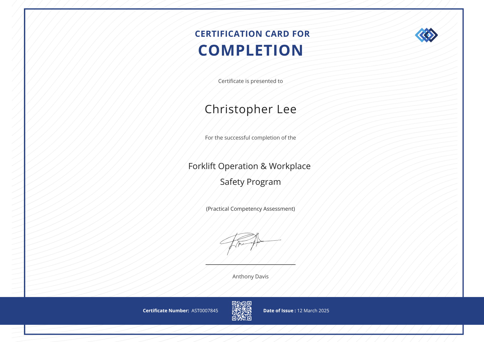 Blue Edge Forklift Certification Card Template